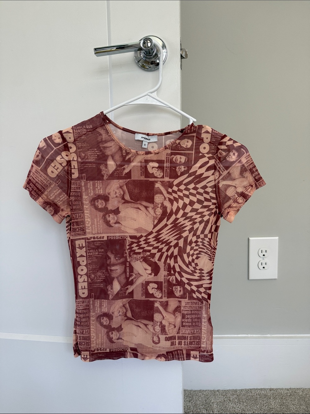 Miaou Maroon Newspaper-Print Mesh Tee